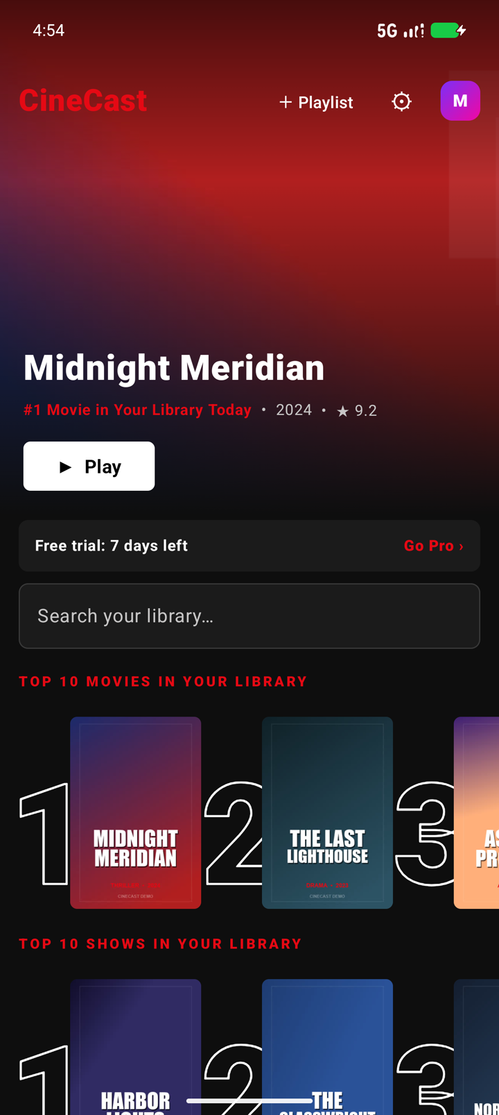 CineCast home on a phone: a featured title, a free trial banner and Top 10 movies in your library