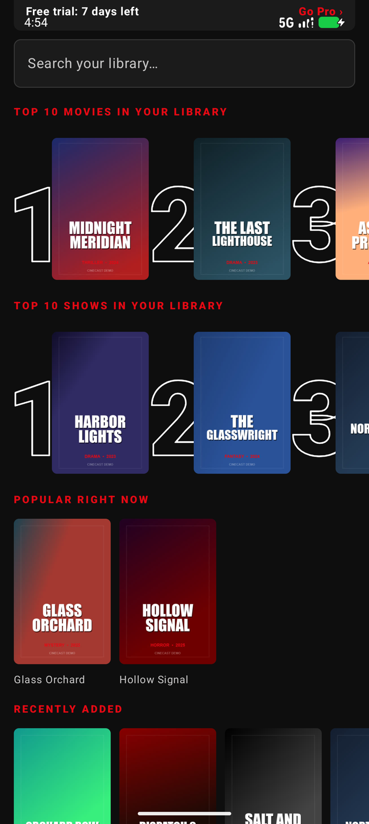CineCast home rails on a phone: Because you watched and Continue Watching rows