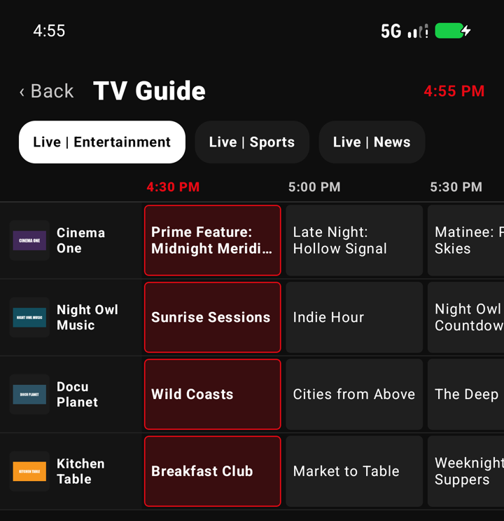 CineCast TV guide with channels and a timeline of programmes