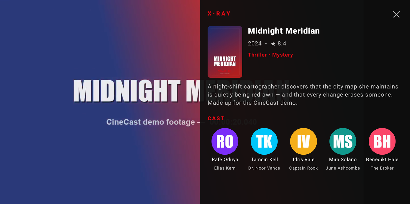 A TV playing a title with the translucent X-Ray panel open on the right: poster, title, year, score, genres, synopsis and five cast avatars. Invented demo content.